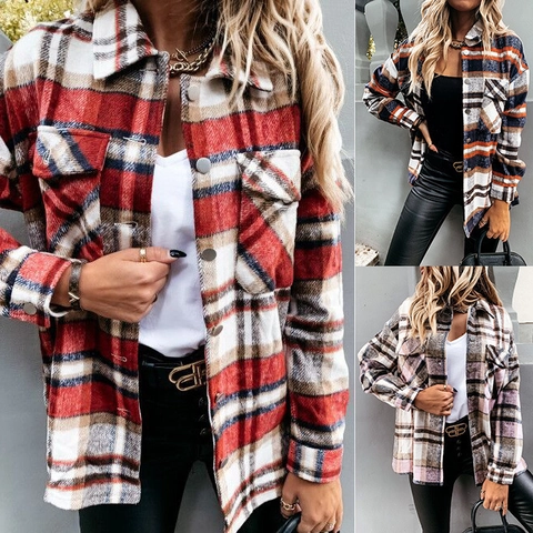 Women's Casual Plaid Shacket Long Sleeve Button Down Shirt Jacket With Pockets Polyester Blend Loose Fit Lapel Autumn Outerwear