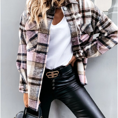 Women's Casual Plaid Shacket Long Sleeve Button Down Shirt Jacket With Pockets Polyester Blend Loose Fit Lapel Autumn Outerwear
