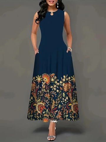 Damen Übergröße Ärmellos Boho Blumen Maxi Kleid Mit Taschen Lässig Vintage U-Ausschnitt Drucken Langes Kleid Sommer Urlaub