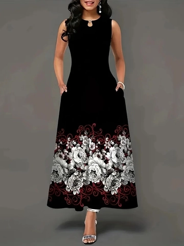 Damen Übergröße Ärmellos Boho Blumen Maxi Kleid Mit Taschen Lässig Vintage U-Ausschnitt Drucken Langes Kleid Sommer Urlaub