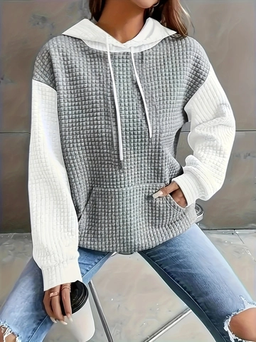 Women's Casual Color Block Waffle Knit Hoodie Loose Fit Long Sleeve Pullover Sweatshirt With Kangaroo Pocket Drawstring