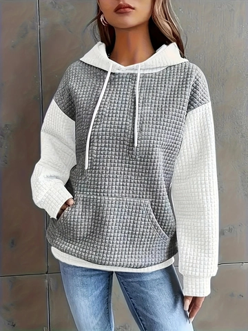 Women's Casual Color Block Waffle Knit Hoodie Loose Fit Long Sleeve Pullover Sweatshirt With Kangaroo Pocket Drawstring