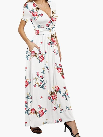 Damen Elegant V-Ausschnitt Blumen Maxi Kleid Mit Taschen Kurzarm Hohe Taille A-Linie Sommer Urlaub Party Mode Langes Kleid