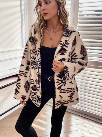 Damen Übergröße Ethnisch Geometrischer Druck Sherpa Fleece Kapuzenjacke Mittellang Reißverschluss Strickjacke Warm Locker Casual Winter