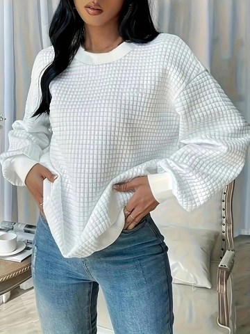Sweatshirt Décontracté en Tricot Gaufrette pour Femmes Couleur Unie Col Rond Manches Longues Pullover Automne Hiver Mode Haut Ample