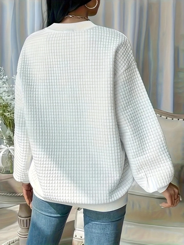 Sweat-shirt Grande Taille pour Femmes Maille Gauffrée Col Rond Couleur Unie Pull Manches Longues Décontracté Chaud Automne Hiver