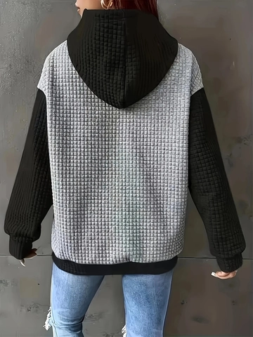 Sweat à Capuche Femme Grande Taille Color Block Texture Gaufre Manches Longues Avec Poche Kangourou Top Décontracté