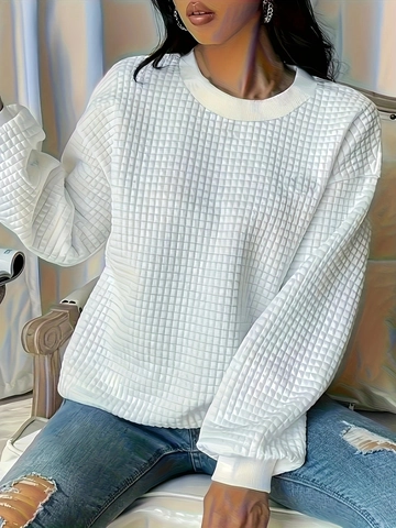 Sweatshirt Décontracté en Tricot Gaufrette pour Femmes Couleur Unie Col Rond Manches Longues Pullover Automne Hiver Mode Haut Ample