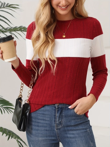 Top de Punto Acanalado de Talla Grande para Mujer Manga Larga Bloque de Color Rayado Ajustado Cuello Redondo Jersey Casual