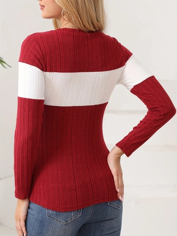 Top de Punto Acanalado de Talla Grande para Mujer Manga Larga Bloque de Color Rayado Ajustado Cuello Redondo Jersey Casual