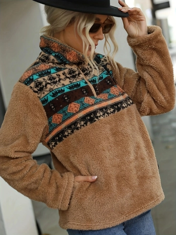Sweat-shirt en Molleton Décontracté pour Femmes Demi-fermeture Éclair Col Montant Top en Laine d'Agneau Imprimé Géométrique Tribal Veste Chaude d'Hiver
