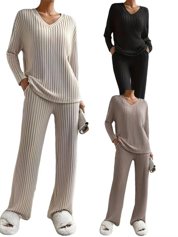 Dames Casual 2-Delige Ribgebreide Lounge Set V-Hals Lange Mouwen Pullover En Hoge Taille Wijd Uitlopende Broek Gebreide Pakken
