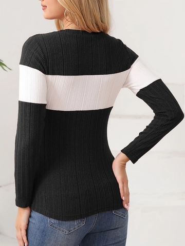 Women's Casual Slim Fit Long Sleeve Knit Top Ribbed Color Block Round Neck Polyester Pullover Ribbed Texture Basic Jumper