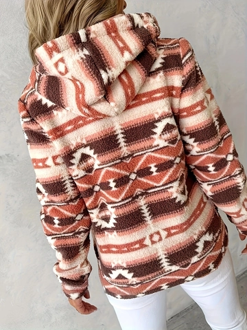 Damen Übergröße Sherpa-Fleece Kapuzenjacke Azteken Geometrischer Druck Langarm Reißverschluss Mantel Lässig Ethno Warme Oberbekleidung