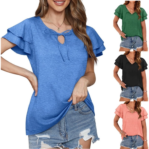 Women Casual V Neck Ruffle Short Sleeve T-Shirt Double Layer Ruffle Sleeve Lace-Up Bow Solid Color Summer Top For Ladies