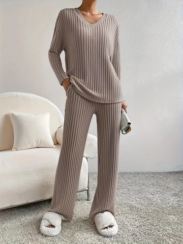 Dames Casual 2-Delige Ribgebreide Lounge Set V-Hals Lange Mouwen Pullover En Hoge Taille Wijd Uitlopende Broek Gebreide Pakken