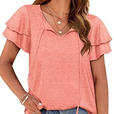 Women Casual V Neck Ruffle Short Sleeve T-Shirt Double Layer Ruffle Sleeve Lace-Up Bow Solid Color Summer Top For Ladies