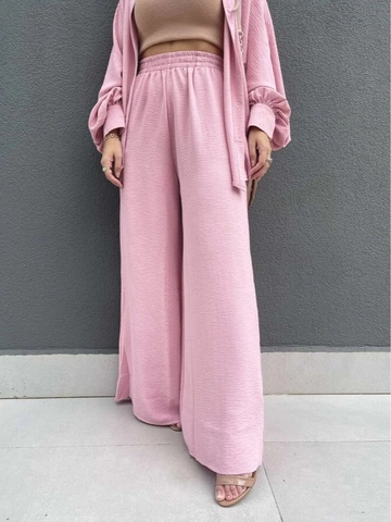 Damen Casual Pink Zweiteiler Set Langarm Umlegekragen Knopf Hemd Und Hohe Taille Weites Bein Hose Krepp Textur Outfits