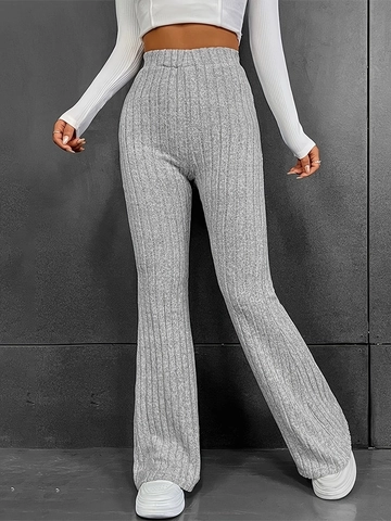 Damen High Waist Gerippte Schlaghose Einfarbig Casual Slim Fit Gestrickte Lange Hose Herbst Winter Mode Graue Hose