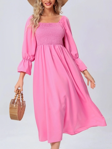 Women French Square Neck Smocked Midi Dress Long Ruffle Sleeve A-Line Solid Color Polyester Vacation Party Dress