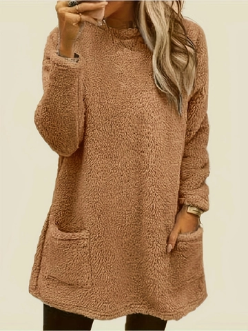 Women Casual Sherpa Fleece Sweatshirt Round Neck Loose Pullover Top With Pockets Autumn Winter Warm Long Sleeve Outwear