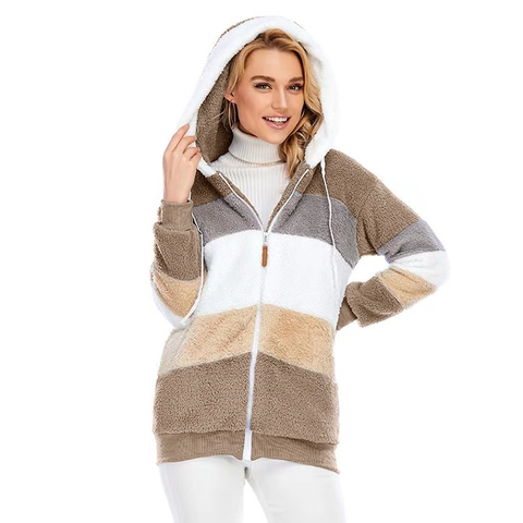 Γυναικείο Casual Color Block Sherpa Fleece Μπουφάν με Κουκούλα Φερμουάρ Λούτρινο Ζεστό Χειμερινό Παλτό Patchwork Μακρυμάνικο