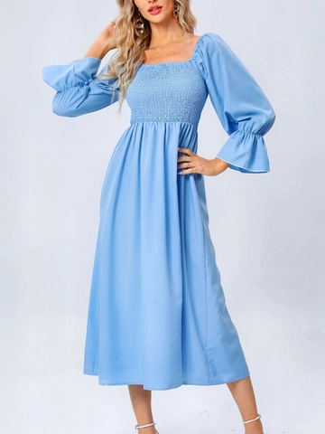 Women French Square Neck Smocked Midi Dress Long Ruffle Sleeve A-Line Solid Color Polyester Vacation Party Dress