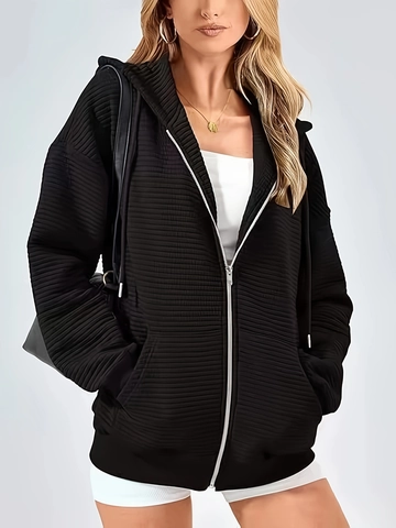 Women Plus Size Zipper Hoodie Jacket Solid Color Long Sleeve Ribbed Texture Mid-length Hooded Sweatshirt Loose Casual Top