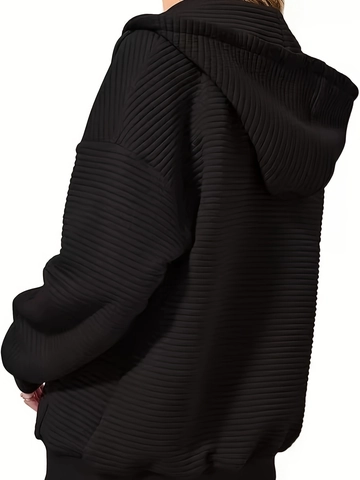 Women Plus Size Zipper Hoodie Jacket Solid Color Long Sleeve Ribbed Texture Mid-length Hooded Sweatshirt Loose Casual Top