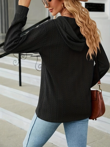 Sudadera con Capucha Casual para Mujer Color Sólido Ajuste Holgado Manga Larga Botón Cuello en V Textura Arrugada