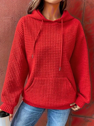 Damen Casual Hoodie Mit Kapuze Waffelstruktur Langarm Sweatshirt Einfarbig Pullover Top Mit Kängurutasche