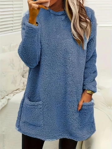 Women Casual Sherpa Fleece Sweatshirt Round Neck Loose Pullover Top With Pockets Autumn Winter Warm Long Sleeve Outwear