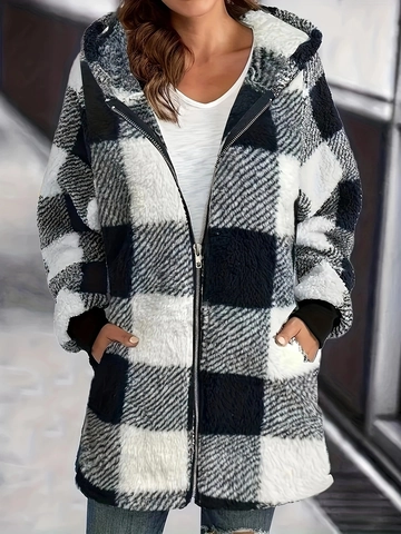 Women Casual Plaid Plush Hooded Jacket Long Sleeve Zipper Loose Fleece Coat With Pockets Winter Warm Outwear