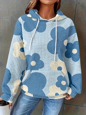 Women Floral Print Hoodie Waffle Texture Long Sleeve Drawstring Hooded Sweatshirt Casual Loose Pullover Top With Pocket