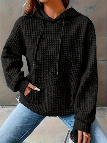 Women Casual Hooded Hoodie Waffle Textured Long Sleeve Sweatshirt Solid Color Pullover Top With Kangaroo Pocket