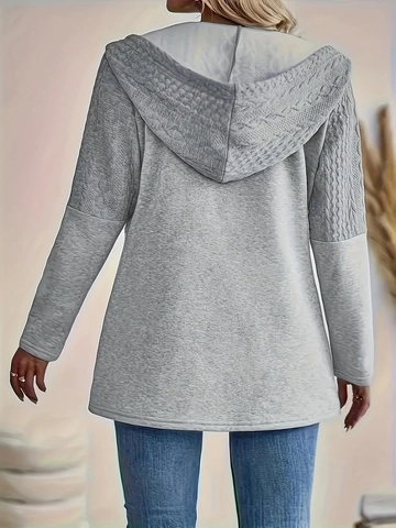 Veste à Capuche Grande Taille pour Femmes Décontractée Épissage Tricot Torsades Fermeture Éclair Manteau Mi-Long Ample Manches Longues Couleur Unie