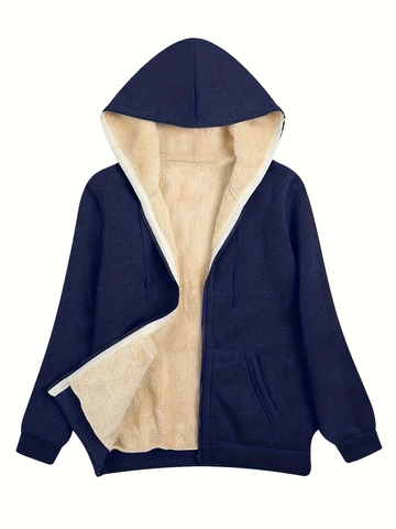 Dames Grote Maten Fleece Jas Met Capuchon Warme Imitatie Lamswol Voering Rits Hoodie Casual Effen Winterjas