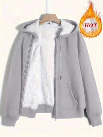 Women Warm Sherpa Lined Hooded Jacket Solid Color Zip Up Winter Hoodie Coat With Pockets Casual Loose Outerwear