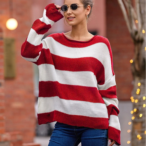 Suéter de Punto a Rayas Oversize para Mujer Cuello Redondo Holgado Hombros Caídos Manga Larga Pullover Casual Jersey de Punto Top Otoño Invierno