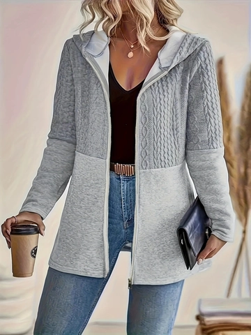 Veste à Capuche Grande Taille pour Femmes Décontractée Épissage Tricot Torsades Fermeture Éclair Manteau Mi-Long Ample Manches Longues Couleur Unie