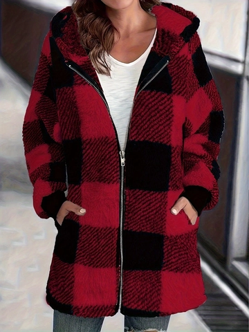 Chaqueta de Peluche a Cuadros Tallas Grandes para Mujer Abrigo con Capucha Manga Larga Cremallera con Bolsillos Casual Top