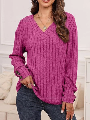 Dames Casual V-hals Geribbelde Gebreide Top Lange Mouw Pullover Sweatshirt Met Decoratieve Knoppen Herfst Zacht Shirt
