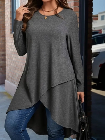 Vestito da Donna Casual Tinta Unita Orlo Irregolare Manica Lunga Maglietta Poliestere Elastan Girocollo Slim Fit Abito Midi