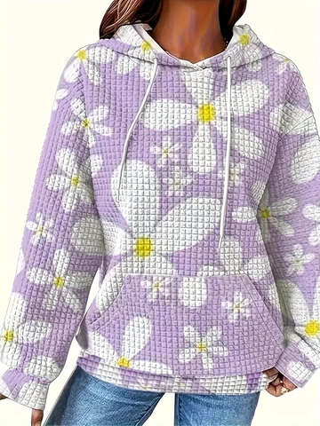 Plus Size Women Floral Print Waffle Texture Hoodie Casual Long Sleeve Drawstring Hooded Sweatshirt With Kangaroo Pocket Top