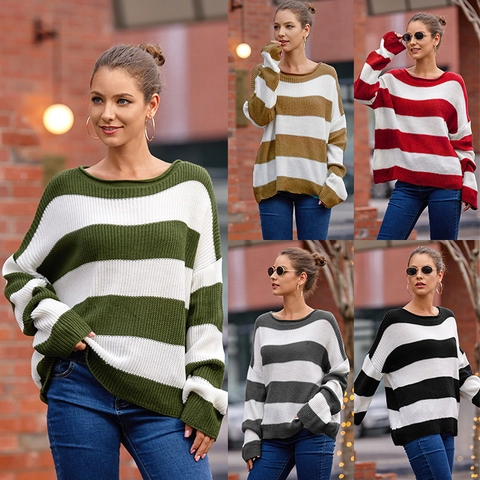 Suéter de Punto a Rayas Oversize para Mujer Cuello Redondo Holgado Hombros Caídos Manga Larga Pullover Casual Jersey de Punto Top Otoño Invierno
