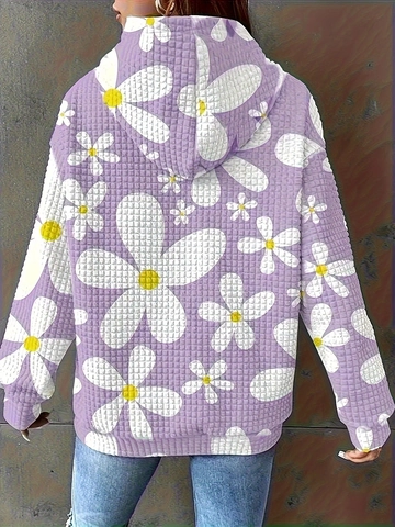 Plus Size Women Floral Print Waffle Texture Hoodie Casual Long Sleeve Drawstring Hooded Sweatshirt With Kangaroo Pocket Top