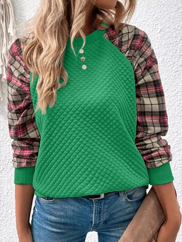 Sweat-shirt Matelassé à Losanges pour Femmes Patchwork à Carreaux Manches Longues Col Rond Bouton Pullover Ample Top Décontracté