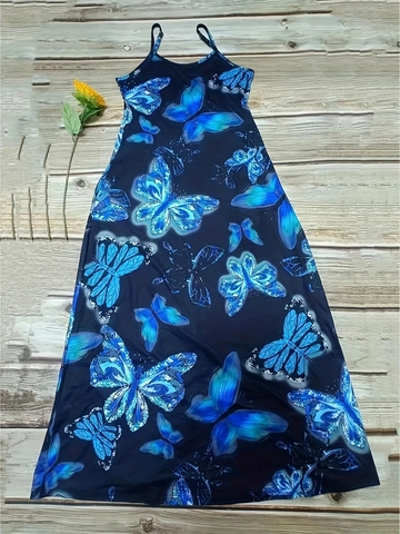 Damen Schmetterlingsdruck V-Ausschnitt Trägerkleid Maxi Lässig Sommer Strand Party Ärmellos Lang Kleid Mit Taschen Sonnenkleid