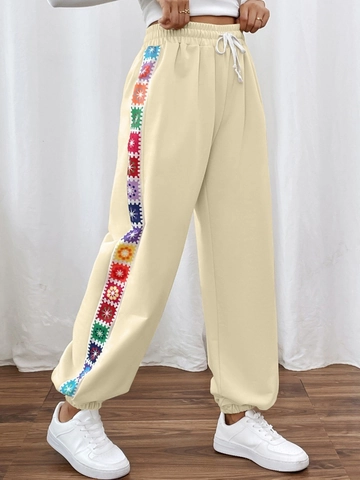 Damen Casual Böhmisch Jogginghose Häkeln Blume Patchwork Seitenstreifen Jogger Hohe Taille Bündchen Kordelzug Polyester Hose