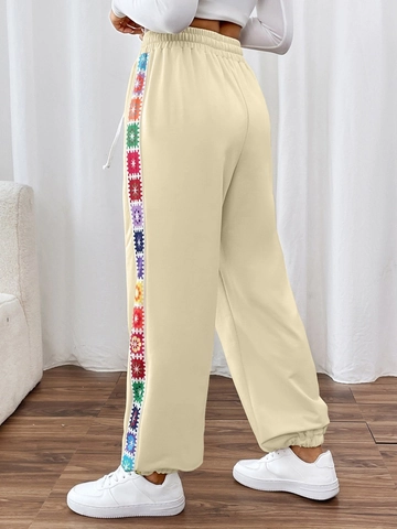 Damen Casual Böhmisch Jogginghose Häkeln Blume Patchwork Seitenstreifen Jogger Hohe Taille Bündchen Kordelzug Polyester Hose